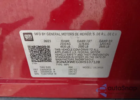 2024 Chevrolet Equinox Awd Rs из США, поврежденный, VIN 3GNAXWEG3RS107128